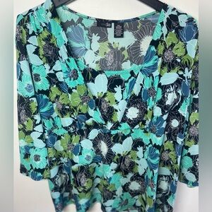 East 5th Floral V-Neck Blouse in Blue and Green